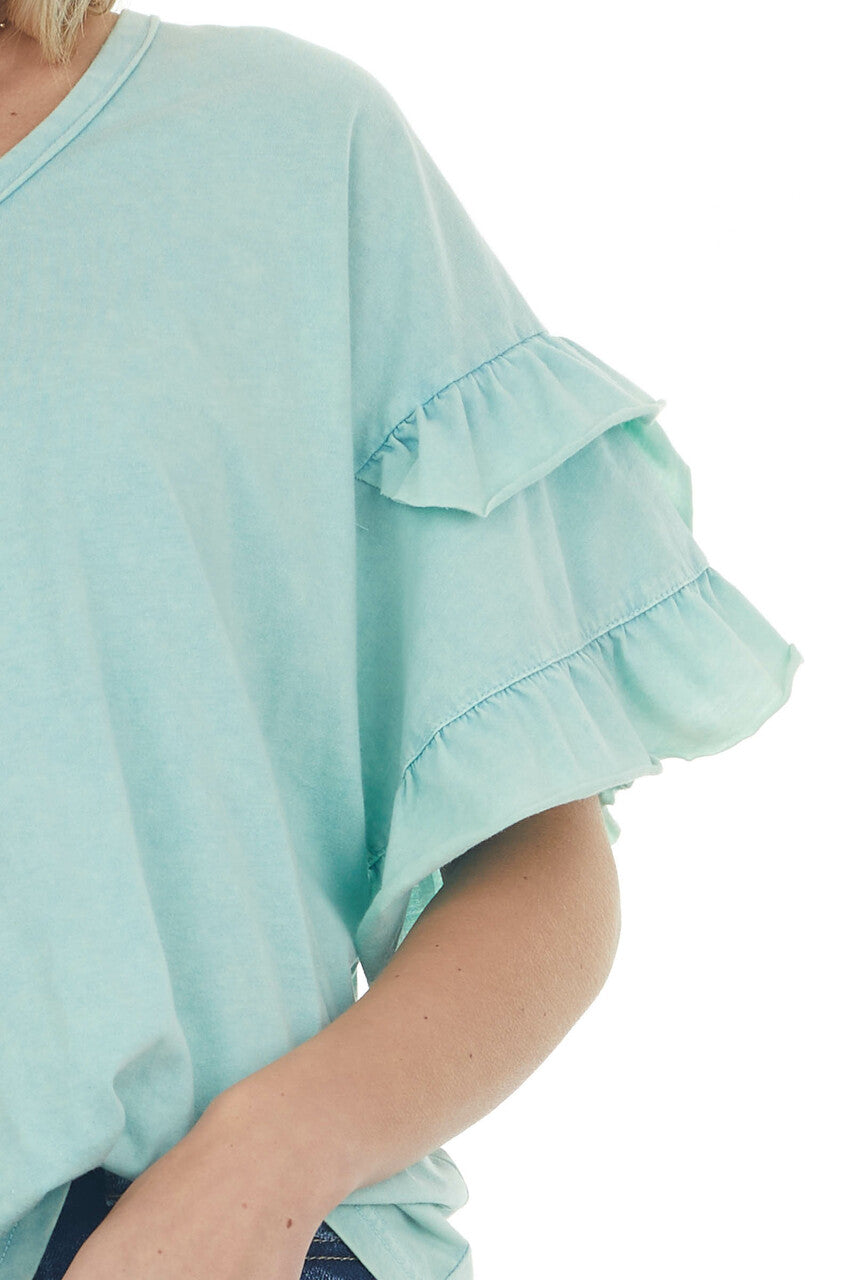 Seafoam Mineral Wash V Neck Ruffle Sleeve Top