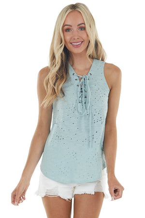 Seafoam Sleeveless Top with Front Tie and Distressed Holes 