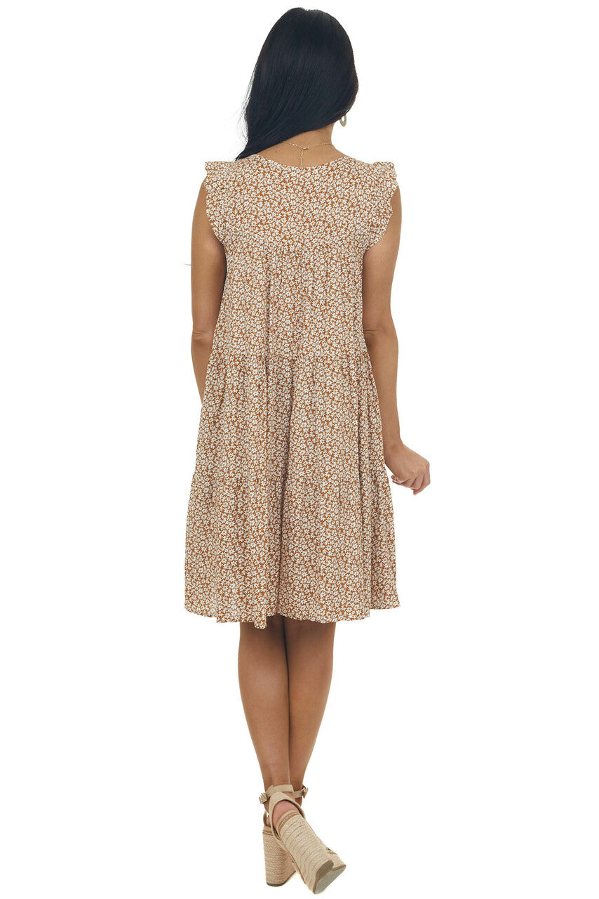 Sepia Ditsy Floral Ruffle Cap Sleeve Dress 