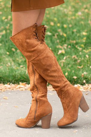 Sepia Faux Suede Lace Up Back Tall Boots