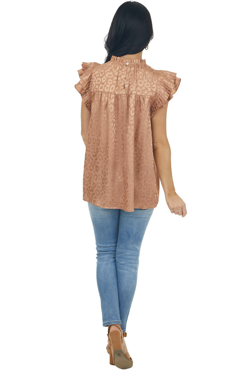 Sepia Metallic Leopard Pleated Sleeve Yoke Top 