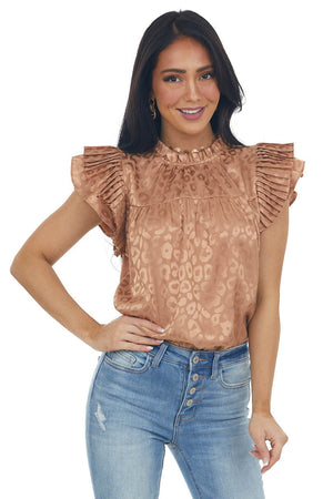 Sepia Metallic Leopard Pleated Sleeve Yoke Top 
