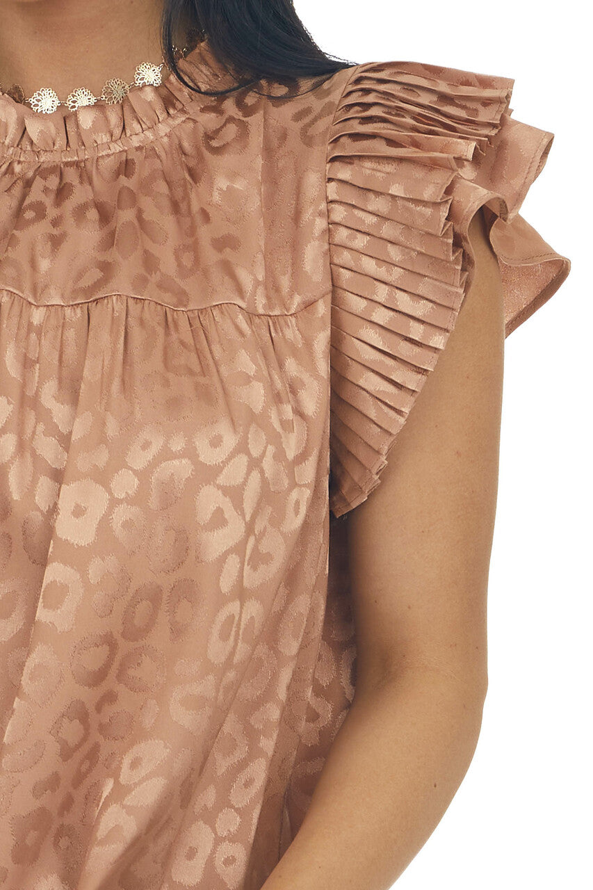 Sepia Metallic Leopard Pleated Sleeve Yoke Top 