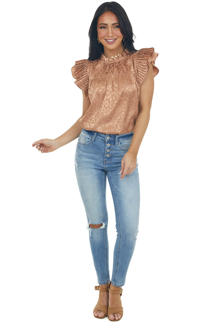 Sepia Metallic Leopard Pleated Sleeve Yoke Top 