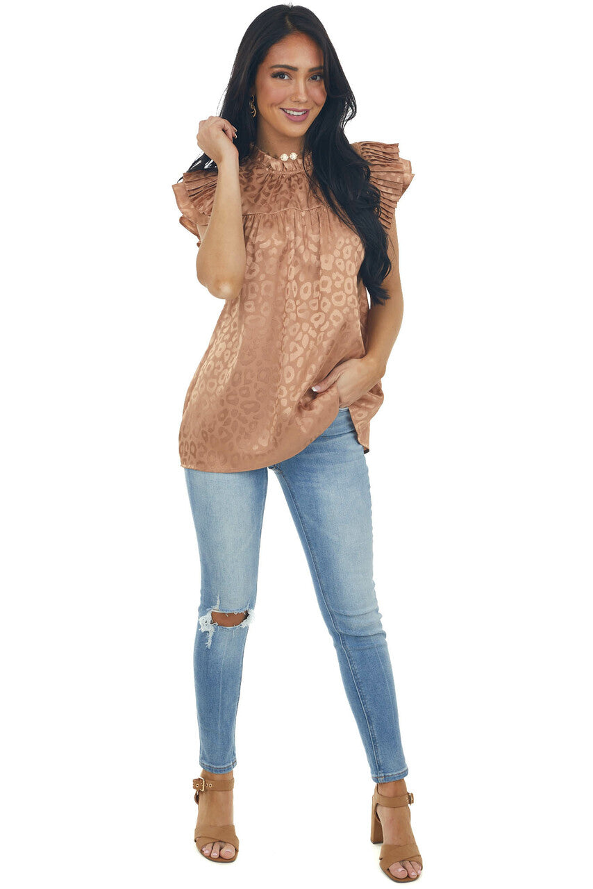 Sepia Metallic Leopard Pleated Sleeve Yoke Top 