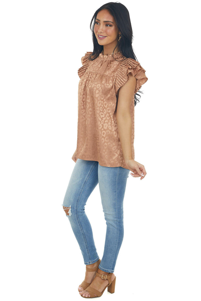 Sepia Metallic Leopard Pleated Sleeve Yoke Top 
