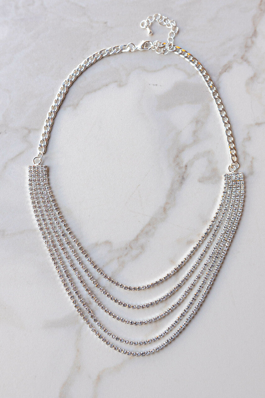 Silver Five Layer Cubed Rhinestone Necklace 