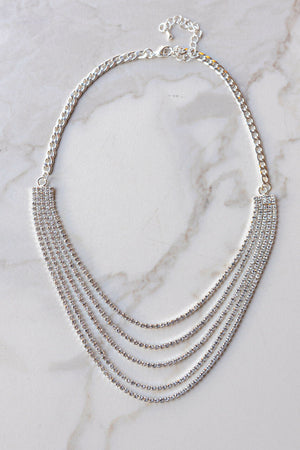 Silver Five Layer Cubed Rhinestone Necklace 