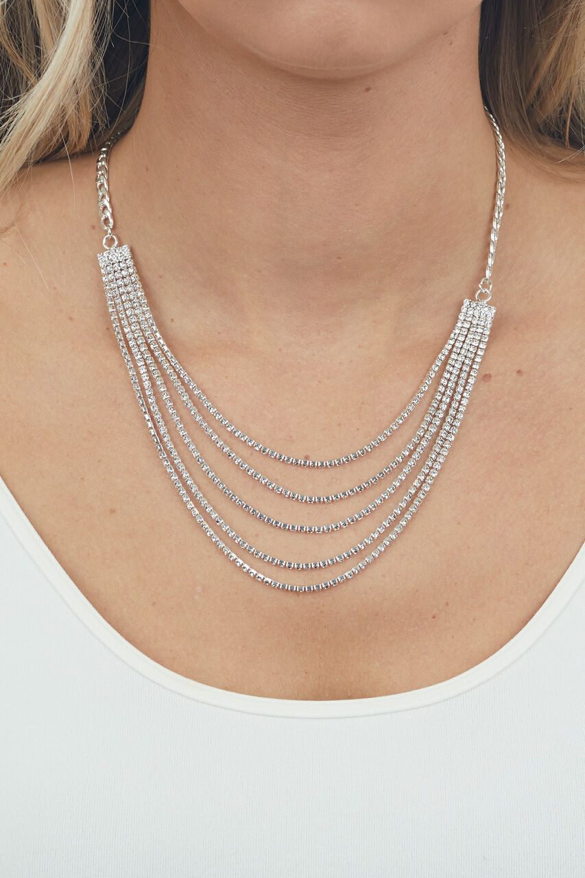 Silver Five Layer Cubed Rhinestone Necklace 