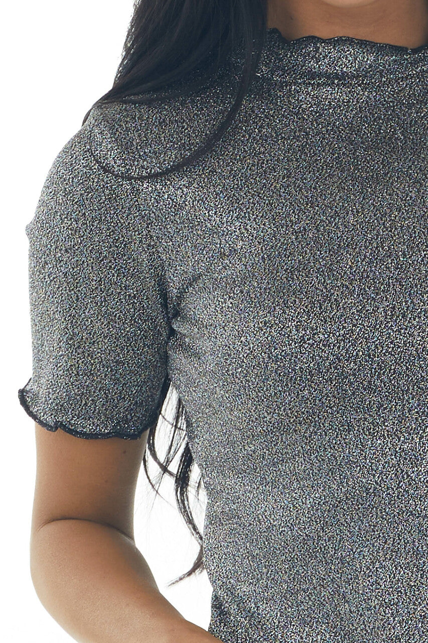 Silver Metallic Thread Lettuce Trim Fitted Top