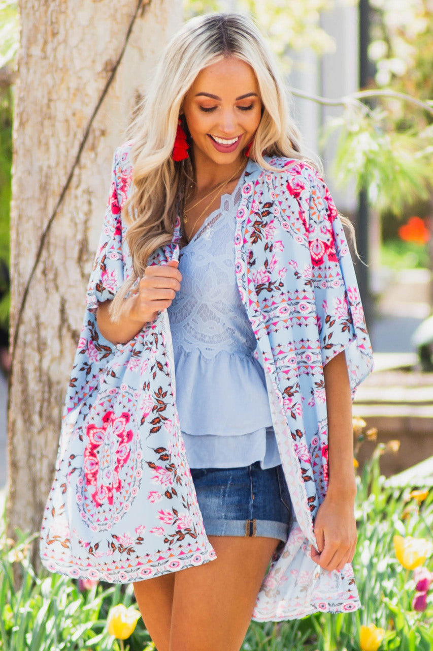 Sky Blue and Deep Coral Abstract Floral Print Woven Kimono