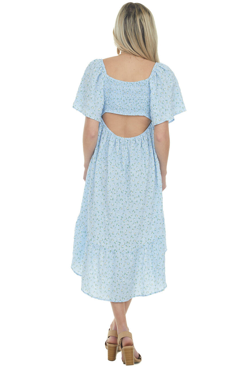 Sky Blue Ditsy Floral High Low Babydoll Dress