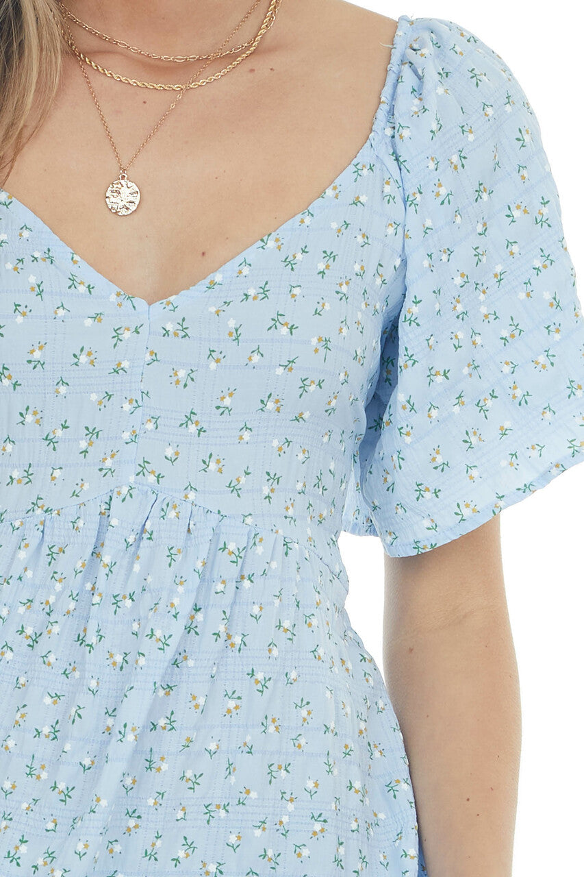 Sky Blue Ditsy Floral High Low Babydoll Dress