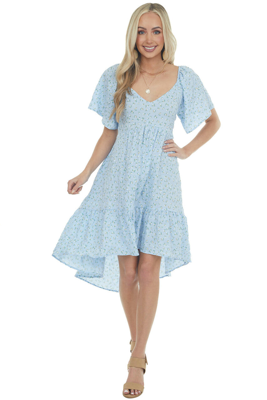 Sky Blue Ditsy Floral High Low Babydoll Dress