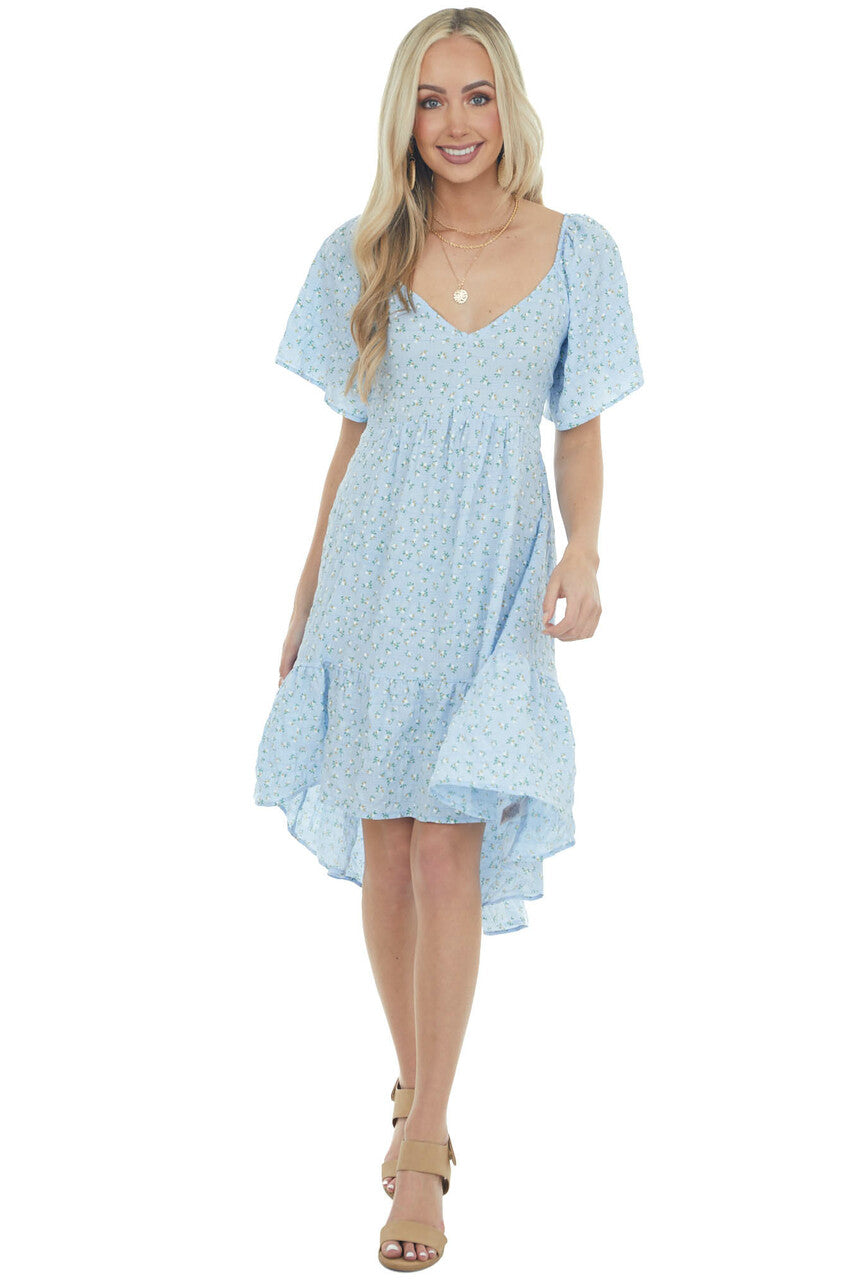 Sky Blue Ditsy Floral High Low Babydoll Dress