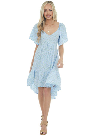 Sky Blue Ditsy Floral High Low Babydoll Dress