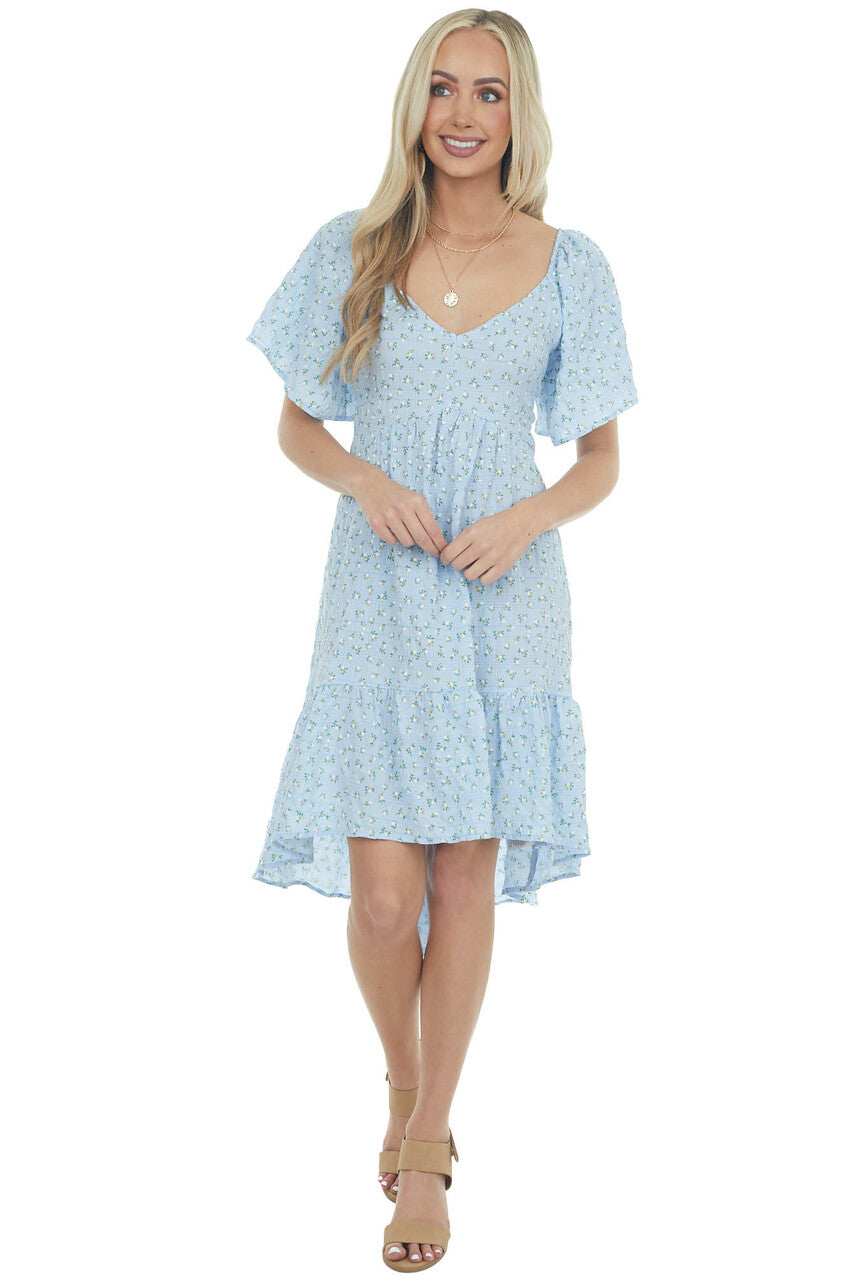 Sky Blue Ditsy Floral High Low Babydoll Dress