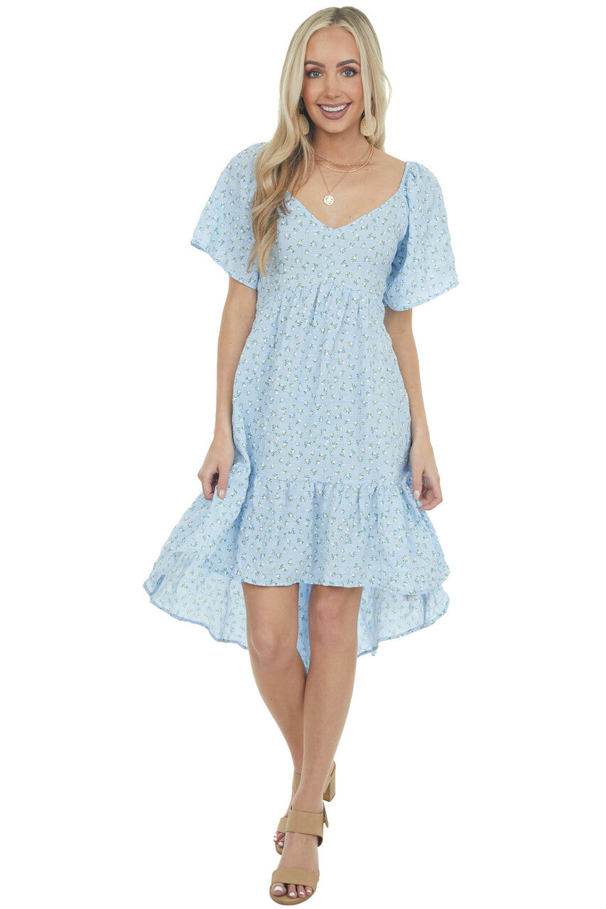 Sky Blue Ditsy Floral High Low Babydoll Dress