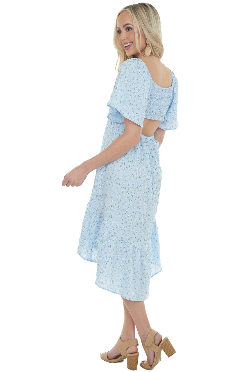 Sky Blue Ditsy Floral High Low Babydoll Dress