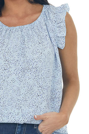 Sky Blue Dotted Ruffle Trim Cap Sleeve Blouse