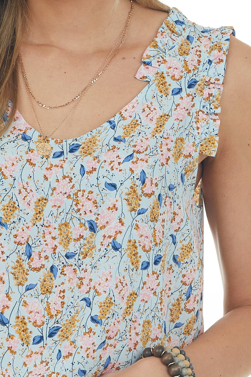 Sky Blue Floral Sleeveless Ruffle Strap Blouse
