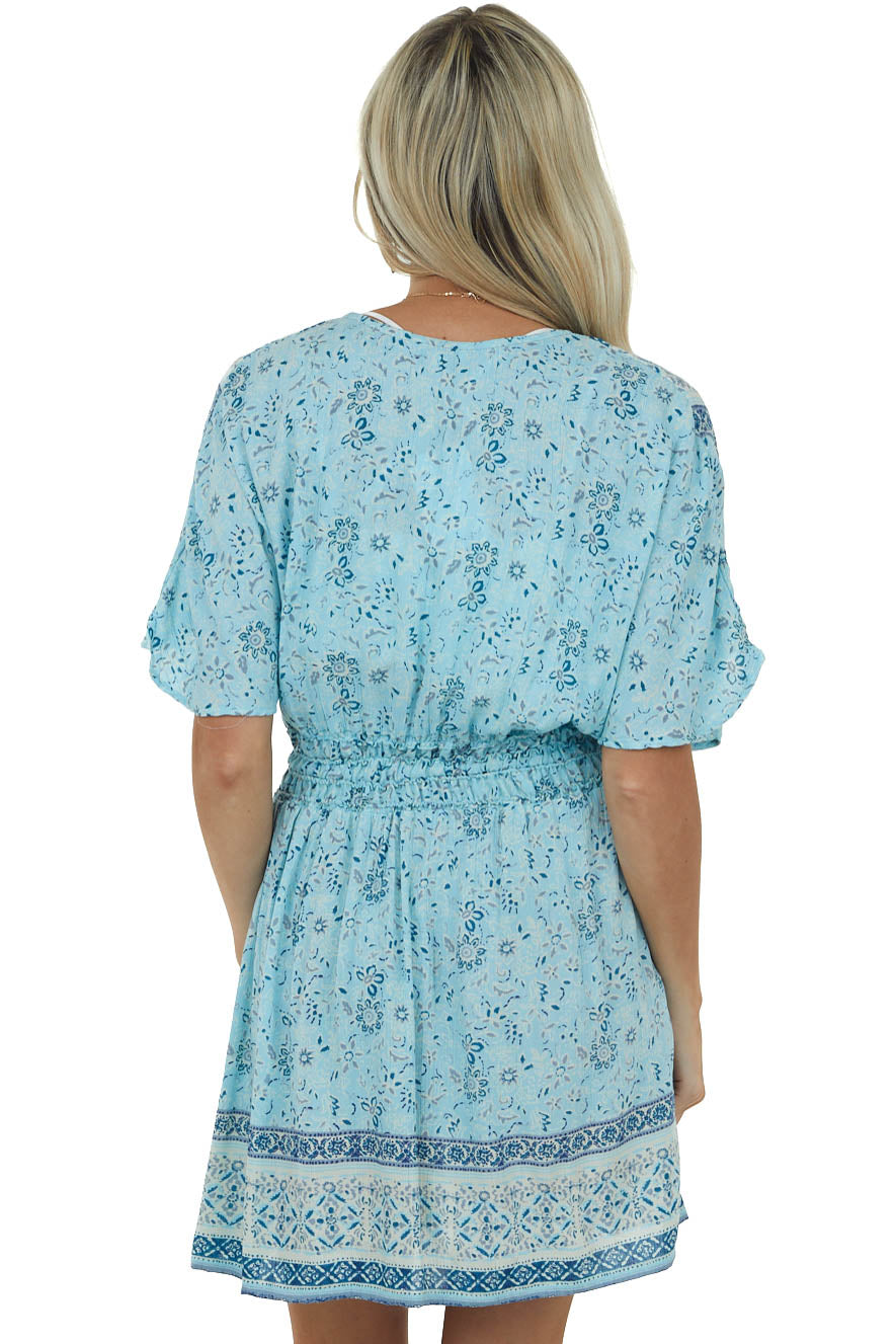 Sky Blue Multiprint Surplice Woven Mini Dress