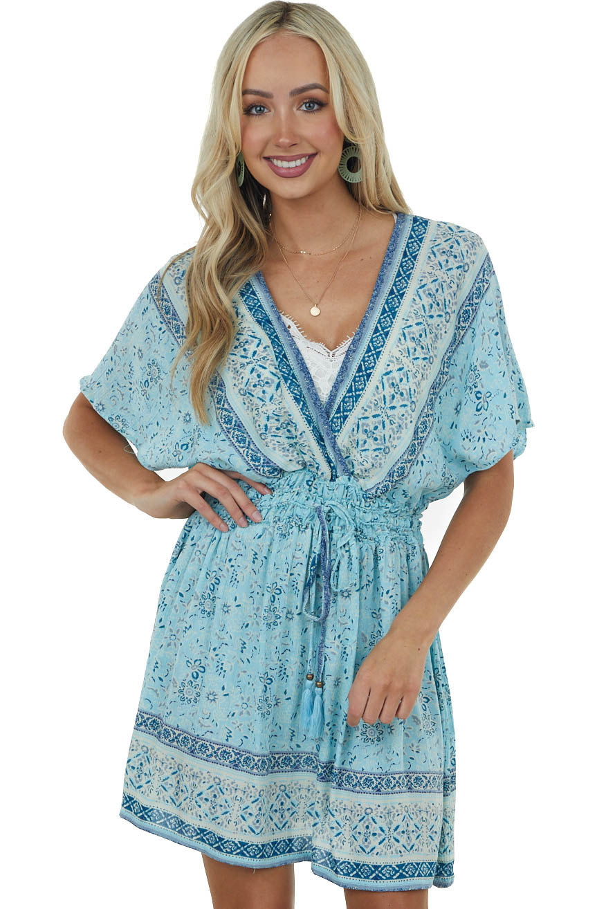 Sky Blue Multiprint Surplice Woven Mini Dress