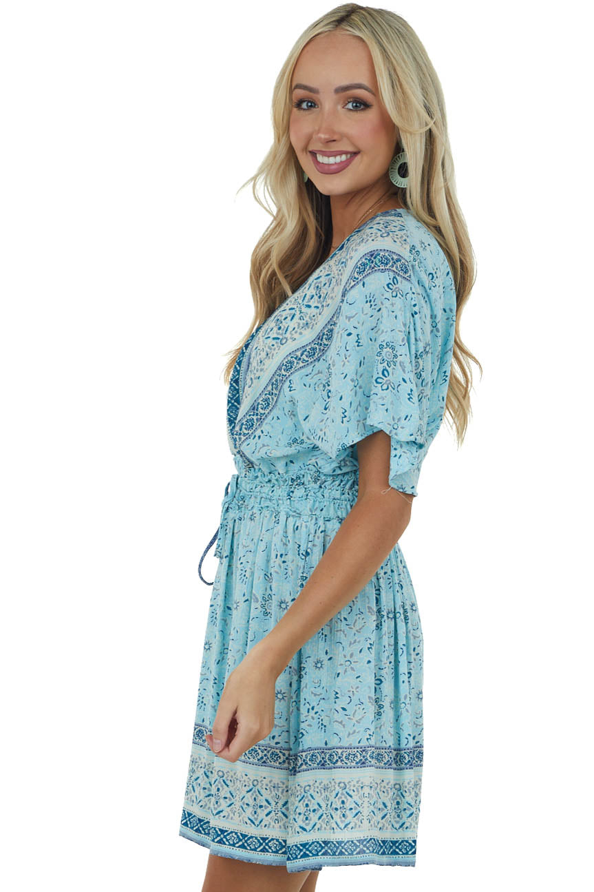 Sky Blue Multiprint Surplice Woven Mini Dress