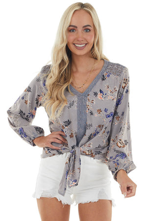Slate Blue Floral Long Sleeve Front Tie Blouse