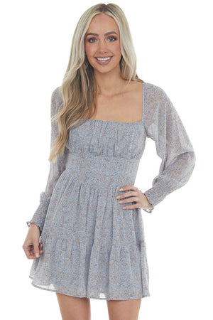 Slate Blue Floral Paisley Long Sleeve Dress 