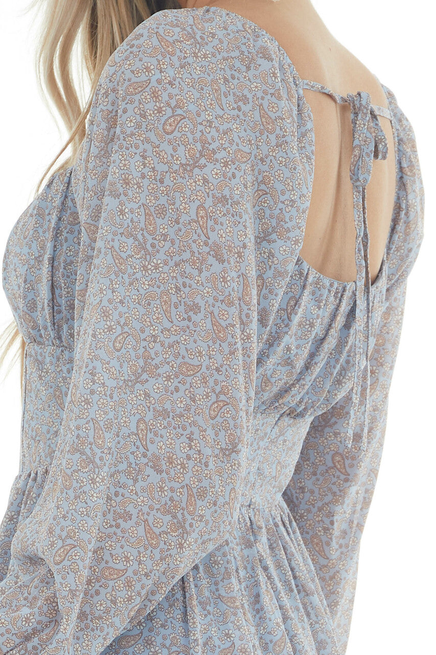 Slate Blue Floral Paisley Long Sleeve Dress 