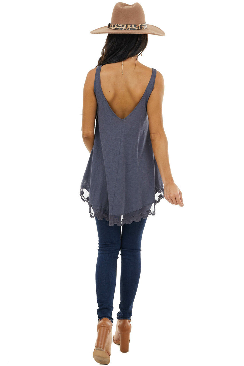 Slate Blue Knit Tank Top with Scalloped Lace Hemline