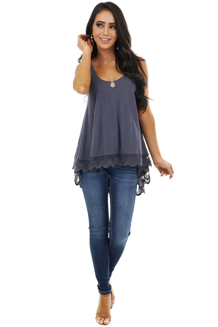Slate Blue Knit Tank Top with Scalloped Lace Hemline
