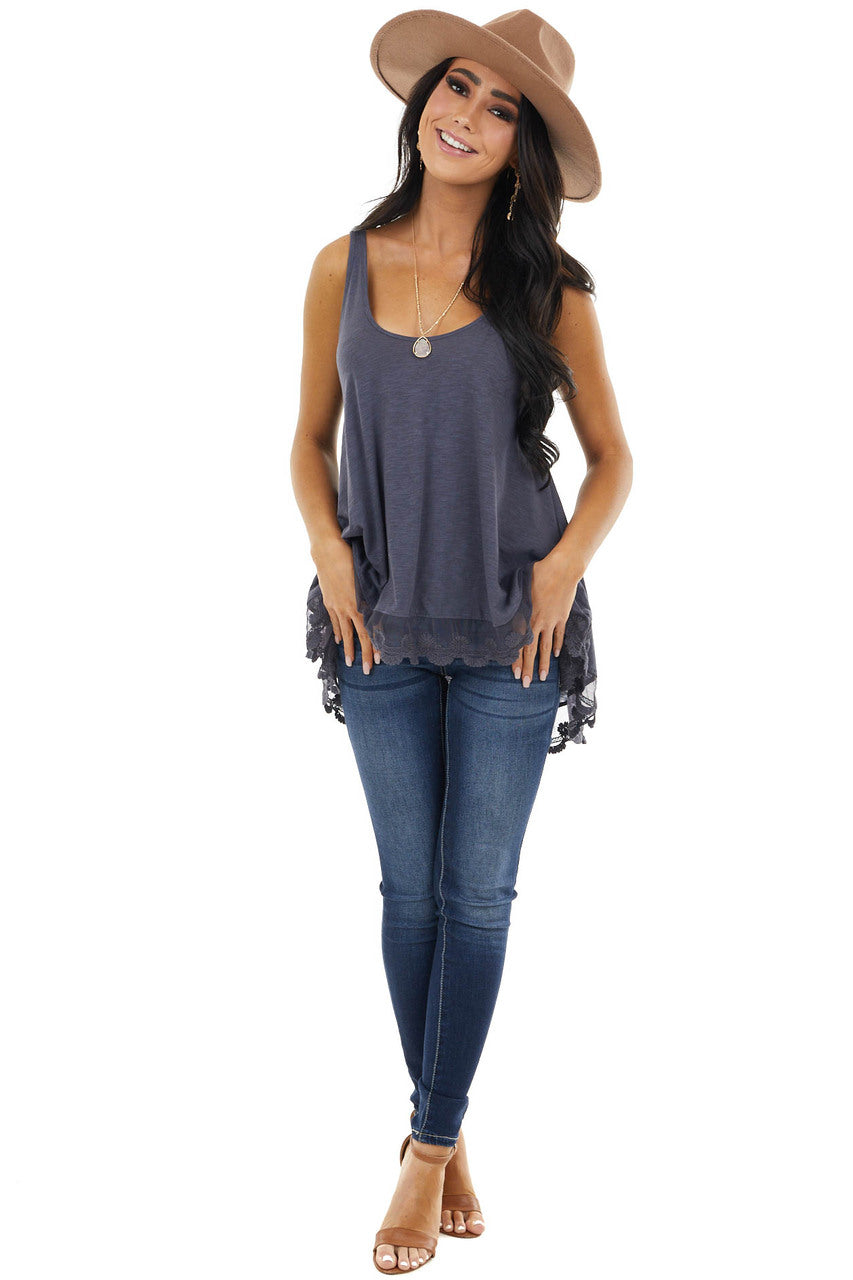 Slate Blue Knit Tank Top with Scalloped Lace Hemline