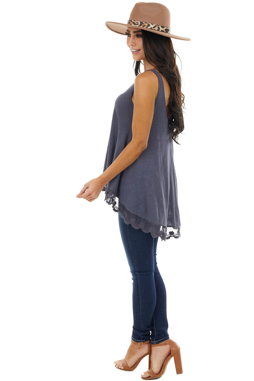 Slate Blue Knit Tank Top with Scalloped Lace Hemline