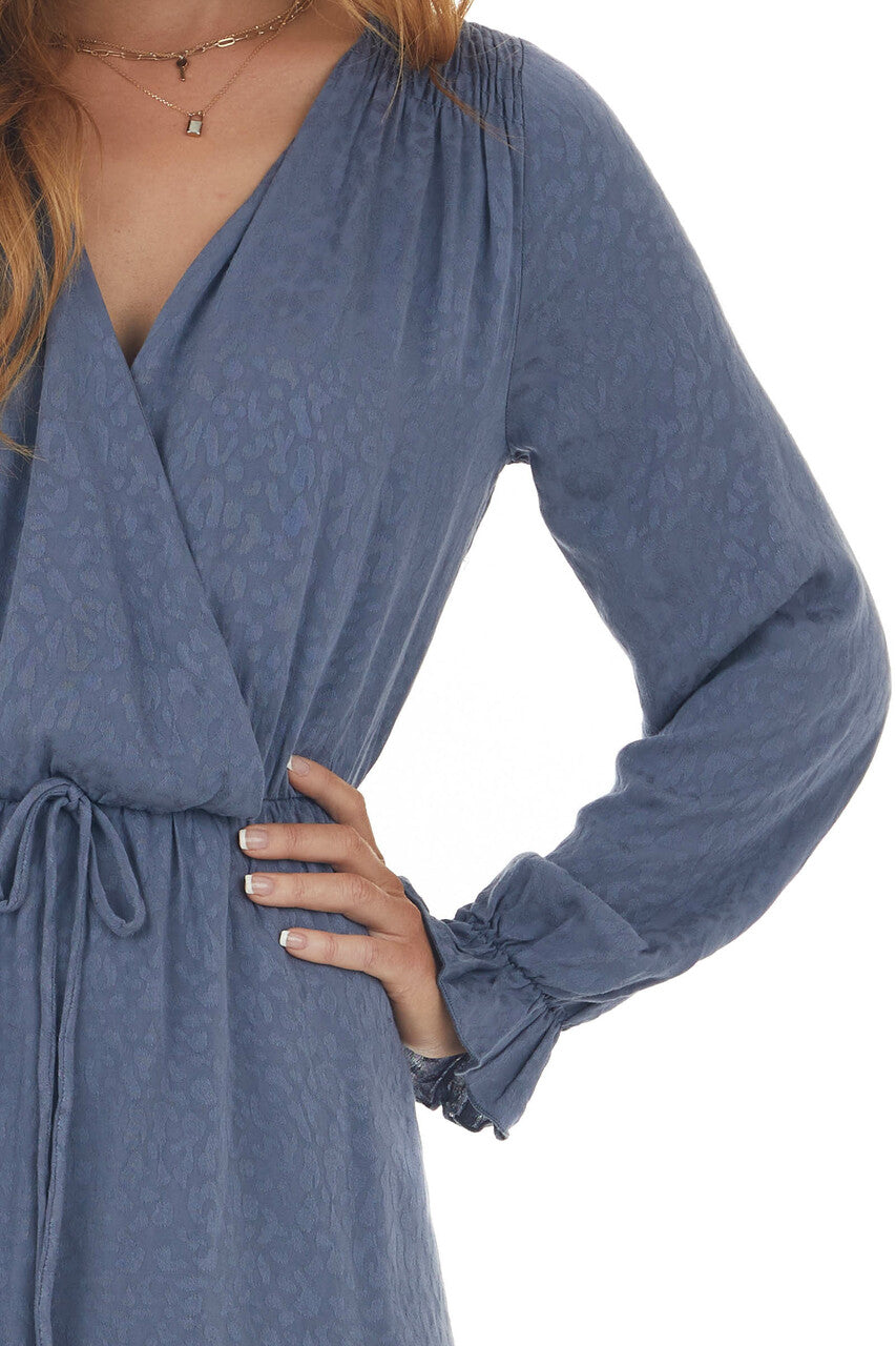 Slate Blue Leopard Print Surplice Mini Dress 