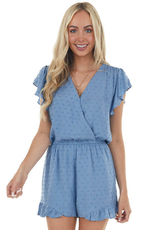 Slate Blue Surplice Neck Swiss Dot Romper