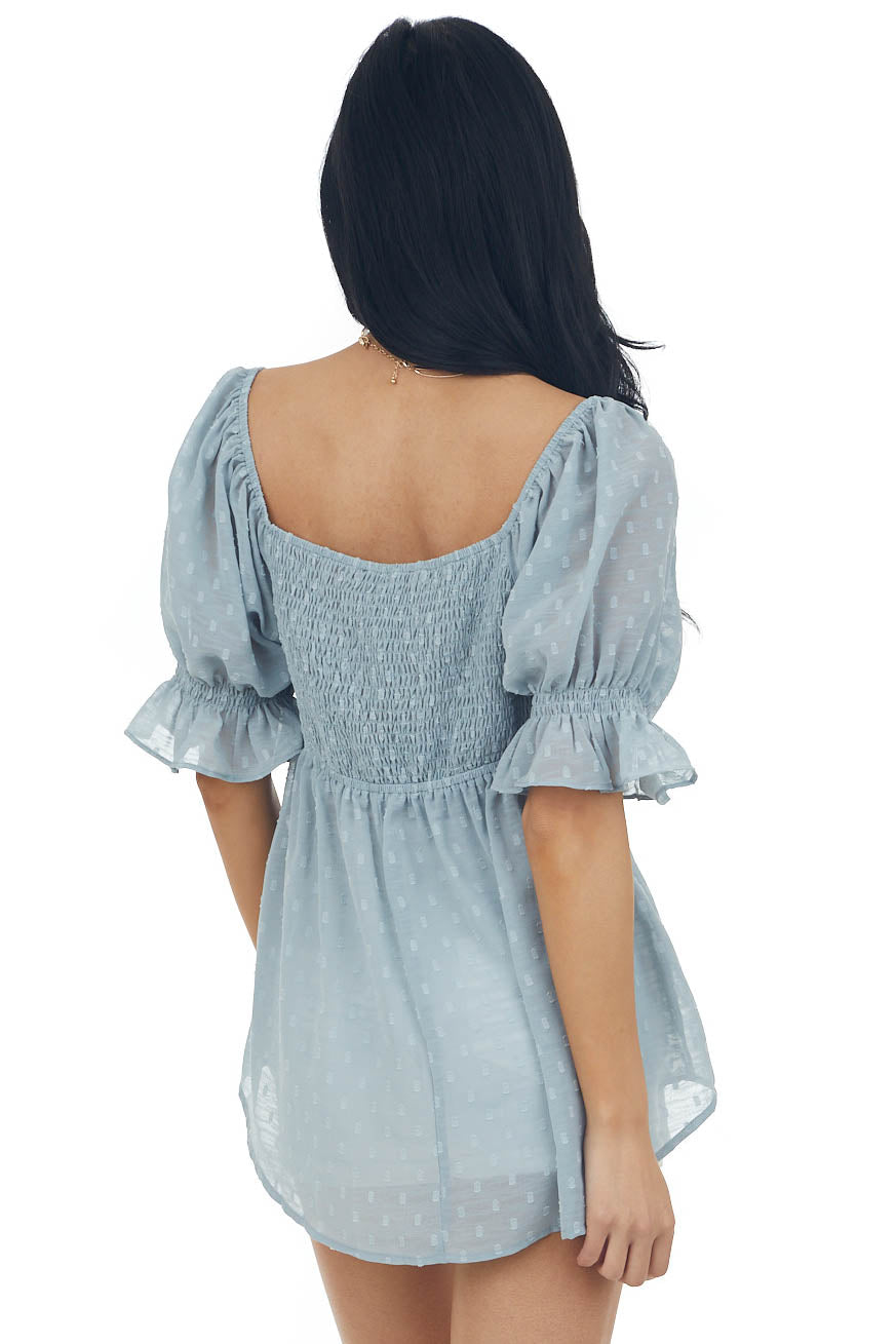 Slate Blue Swiss Dot Puff Sleeve Babydoll Top