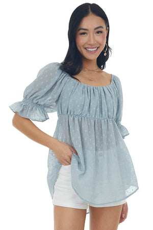 Slate Blue Swiss Dot Puff Sleeve Babydoll Top