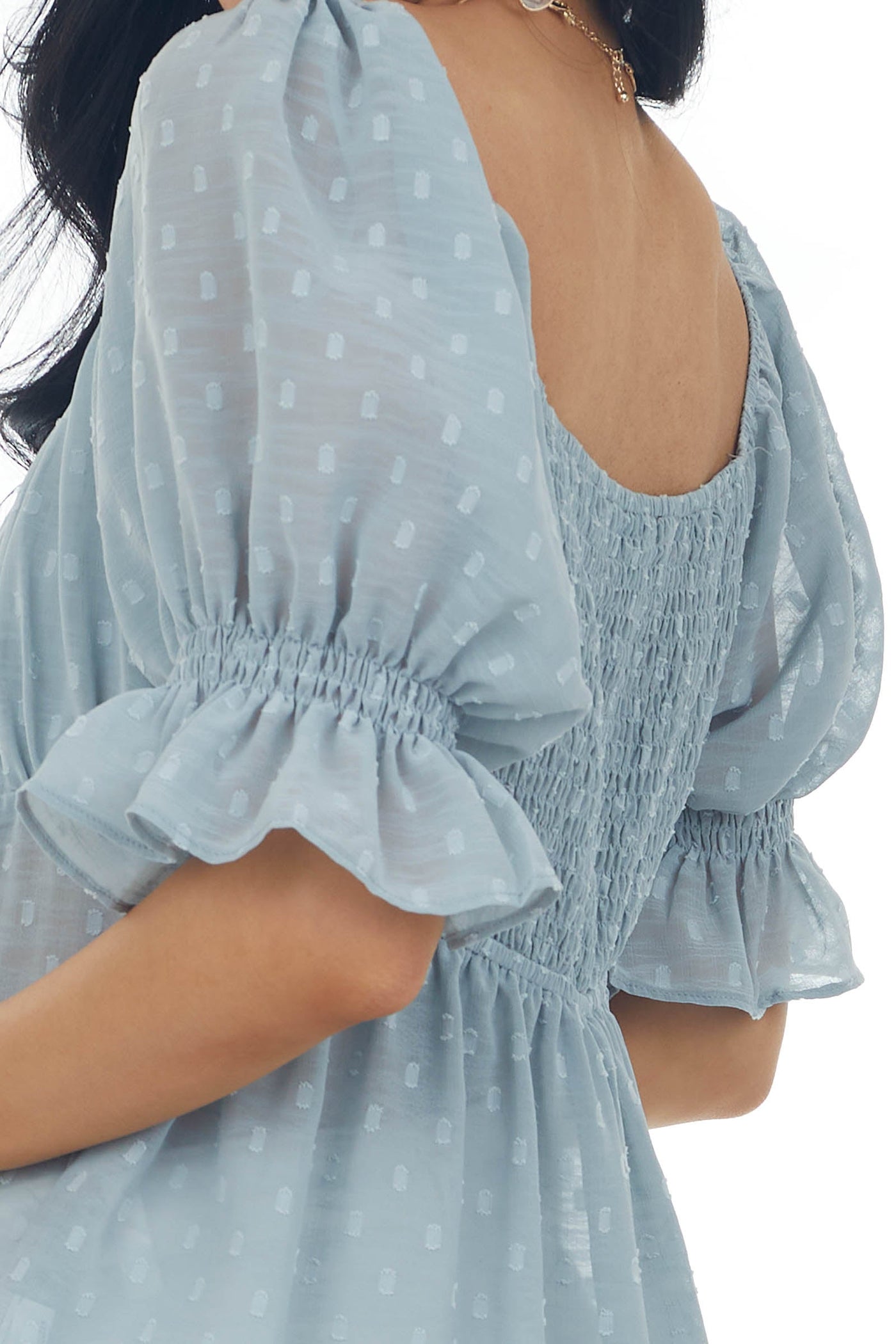 Slate Blue Swiss Dot Puff Sleeve Babydoll Top