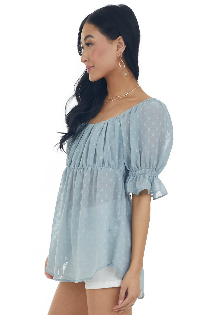 Slate Blue Swiss Dot Puff Sleeve Babydoll Top