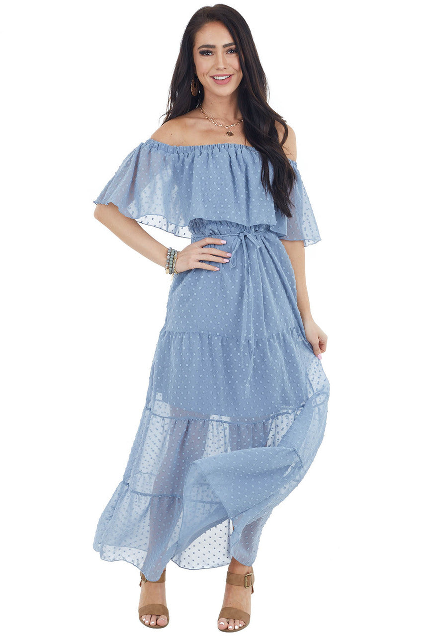 Slate Blue Swiss Dot Ruffled Off the Shoulder Maxi Dress