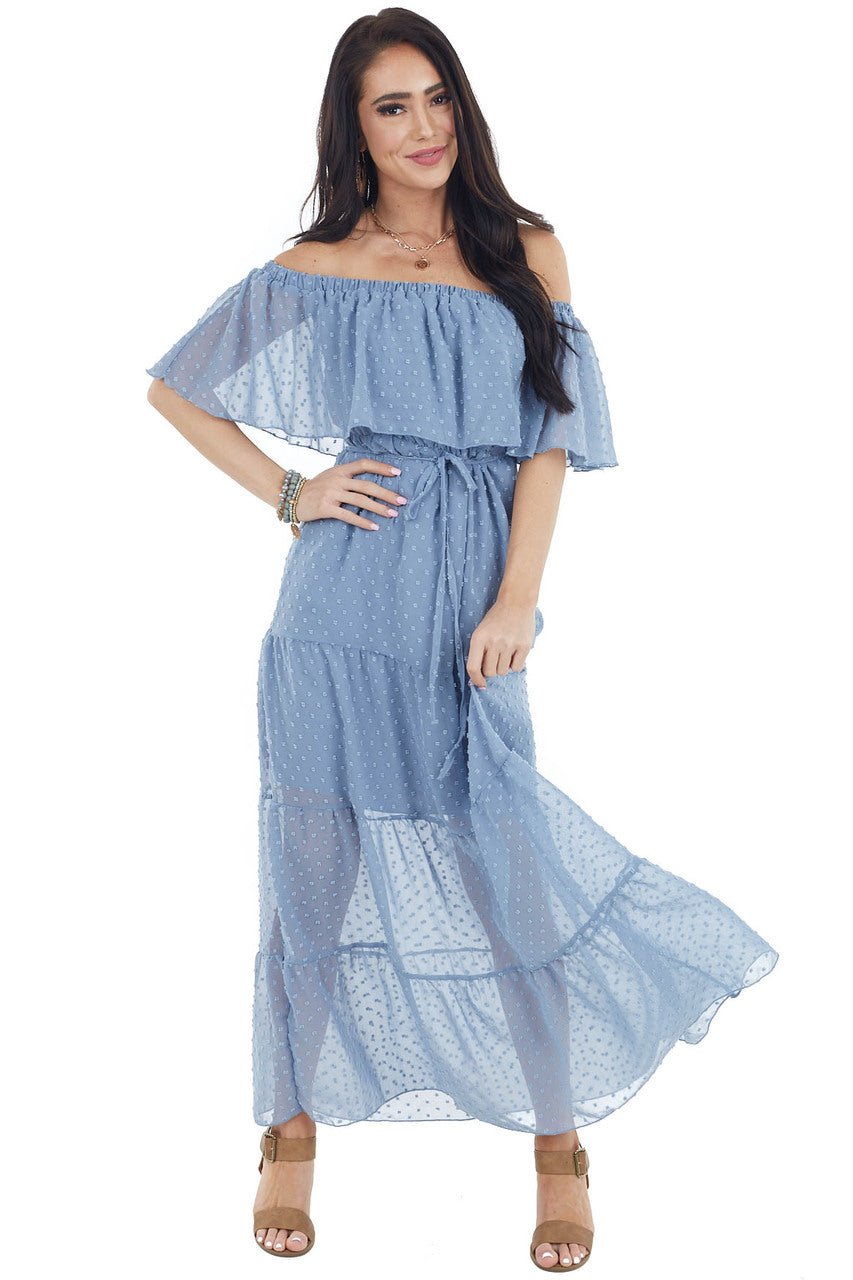 Slate Blue Swiss Dot Ruffled Off the Shoulder Maxi Dress