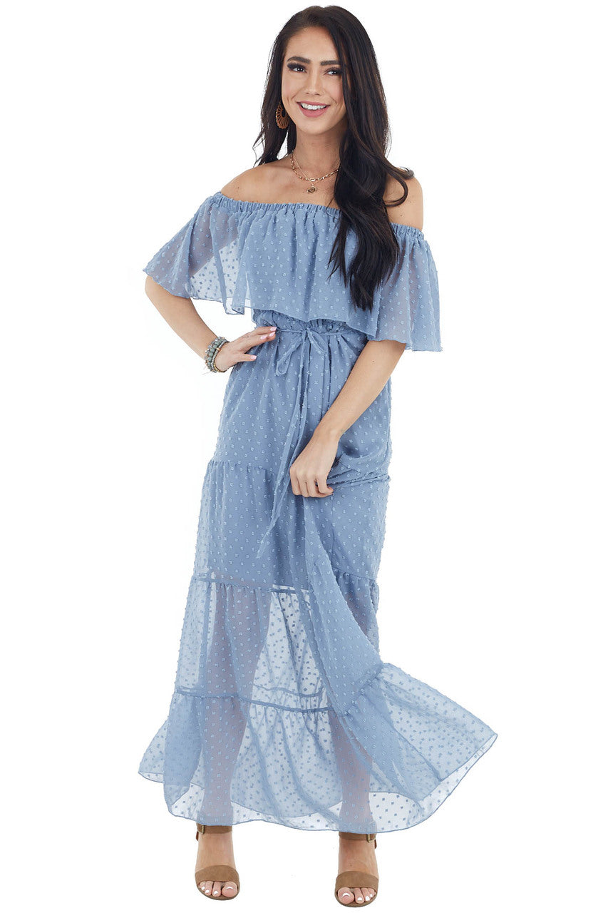 Slate Blue Swiss Dot Ruffled Off the Shoulder Maxi Dress