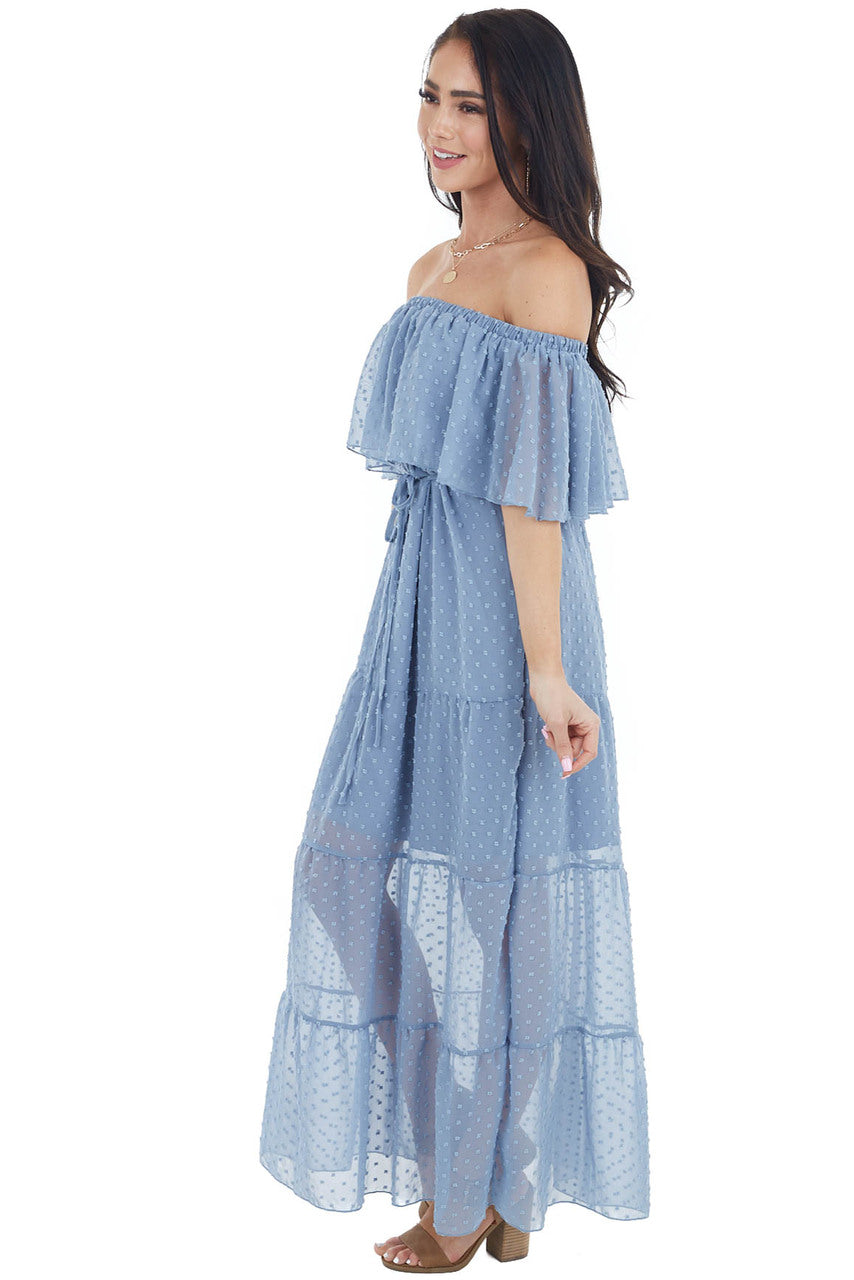 Slate Blue Swiss Dot Ruffled Off the Shoulder Maxi Dress