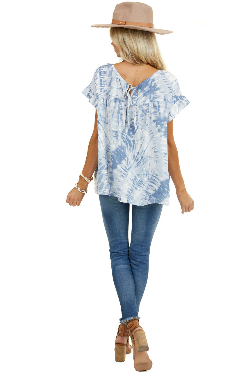 Slate Blue Tie Dye Blouse with Short Ruffle Sleeves 