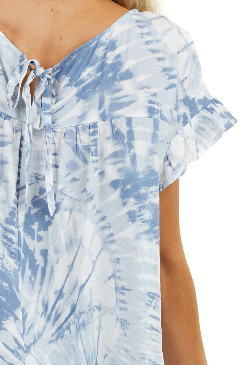 Slate Blue Tie Dye Blouse with Short Ruffle Sleeves 