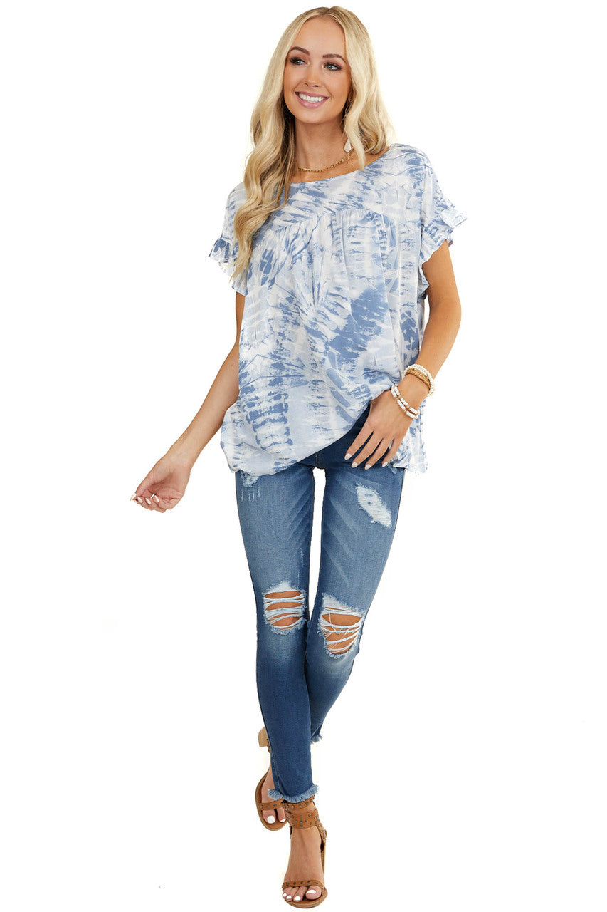Slate Blue Tie Dye Blouse with Short Ruffle Sleeves 