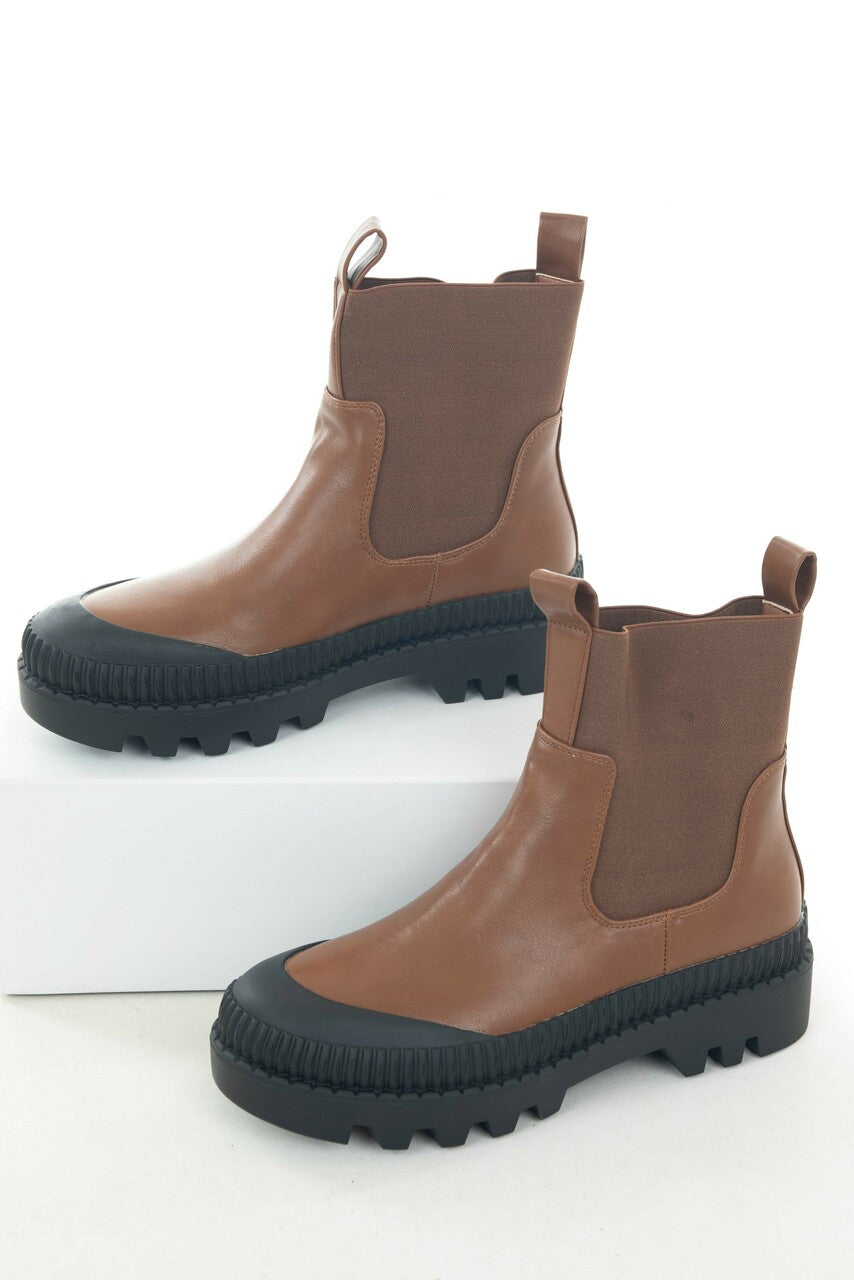Spice Brown Faux Leather Elastic Panel Booties 