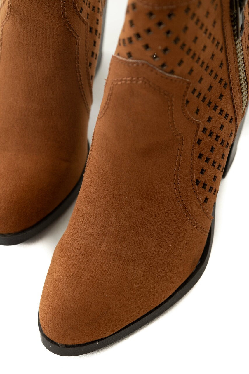 Spice Faux Suede Perforated High Heel Booties 